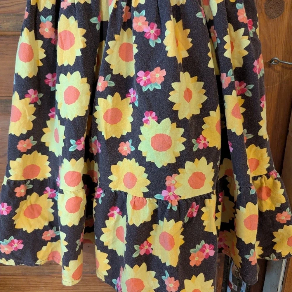 Gymboree Girls Sunflower Print Smocked Tiered Cotton Sundress Brown Yellow Sz 12